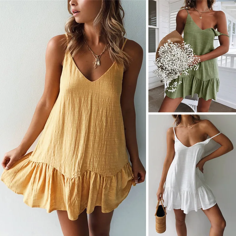 Summer Sexy Spaghetti Strap Mini Dresses Off Shoulder Women White/green Dress Ruffle Hem Beach Cotton Linen Sundress Vestidos