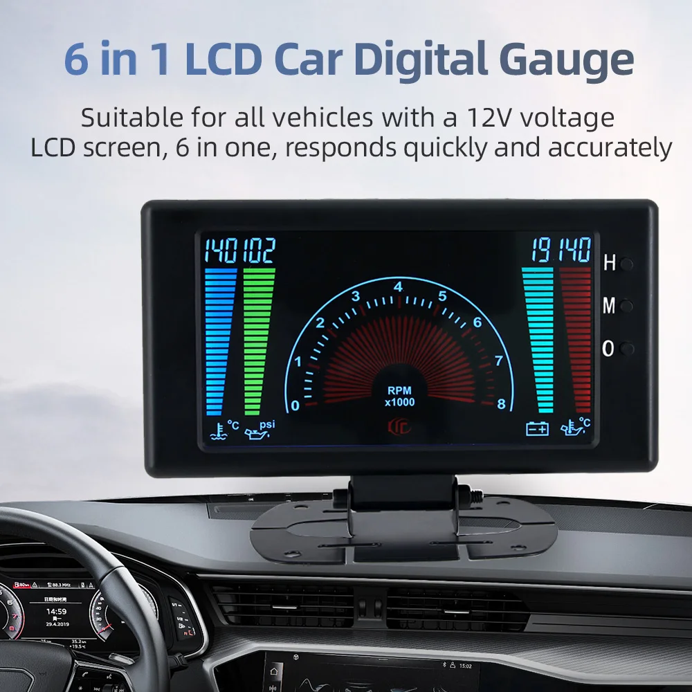5-inch 6-in-1 LCD Large Screen Automotive Multifunctionol Instrument Ponel Vehicles Gauge 12V Water Temp Voltage Oil Pressure