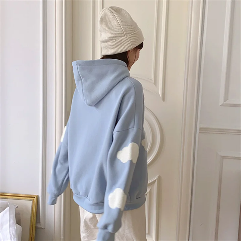 Autumn Winter Women Blue white cloud Hoodie Thick Warm Female Fleece Hoodies Oversize Sweatshirt Top Ladies  Hooded Top coat