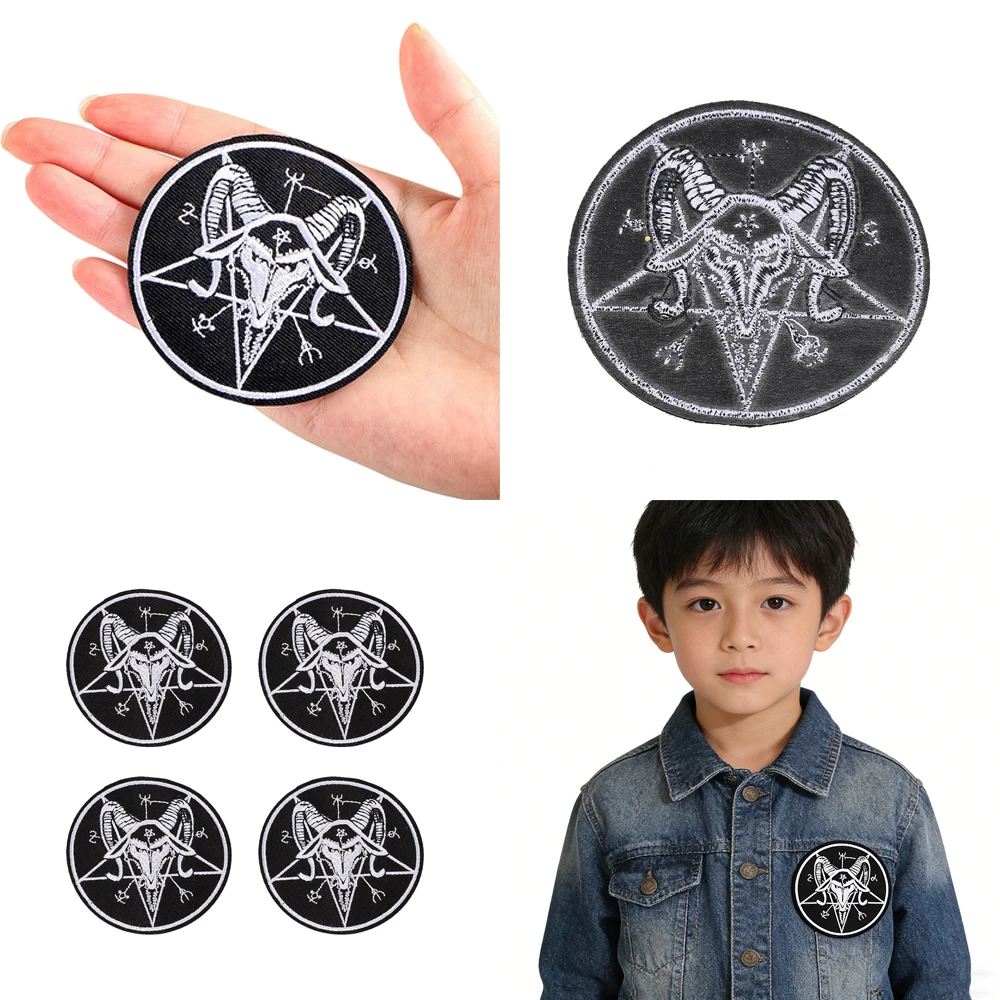 Dunkler Okkulter Satan-Ziegenkopf Pentagramm Aufbügelbarer Bestickter Aufnäher Punk Gothic Applikation für Kleidung Jacke DIY Reparatur-Abzeichen – Detail 1