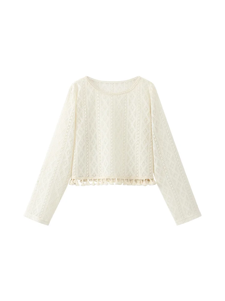 Lace Knit T-Shirt for Women Summer Hollow Out Crochet Top Loose Long Sleeve Tassel Blouse Sun Protection Beach Cover Up Shirt