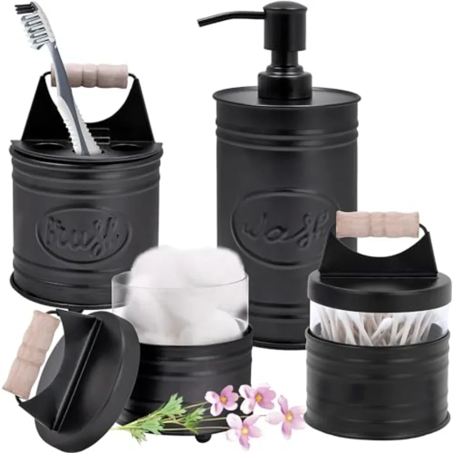 

Rustic Bathroom Accessories Set in Matte Black for Farmhouse Style: Includes Black Soap Dispenser Toothbrush Holder and Two Apo