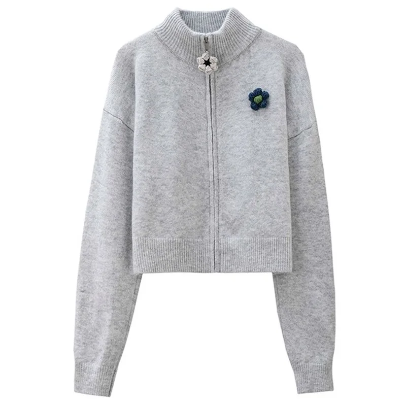 سترة متماسكة المرأة سستة سترة تقسم نصف عالية طوق لاعبا الصلبة الشارع الشهير ملابس خارجية فضفاضة عادية 2025 الخريف