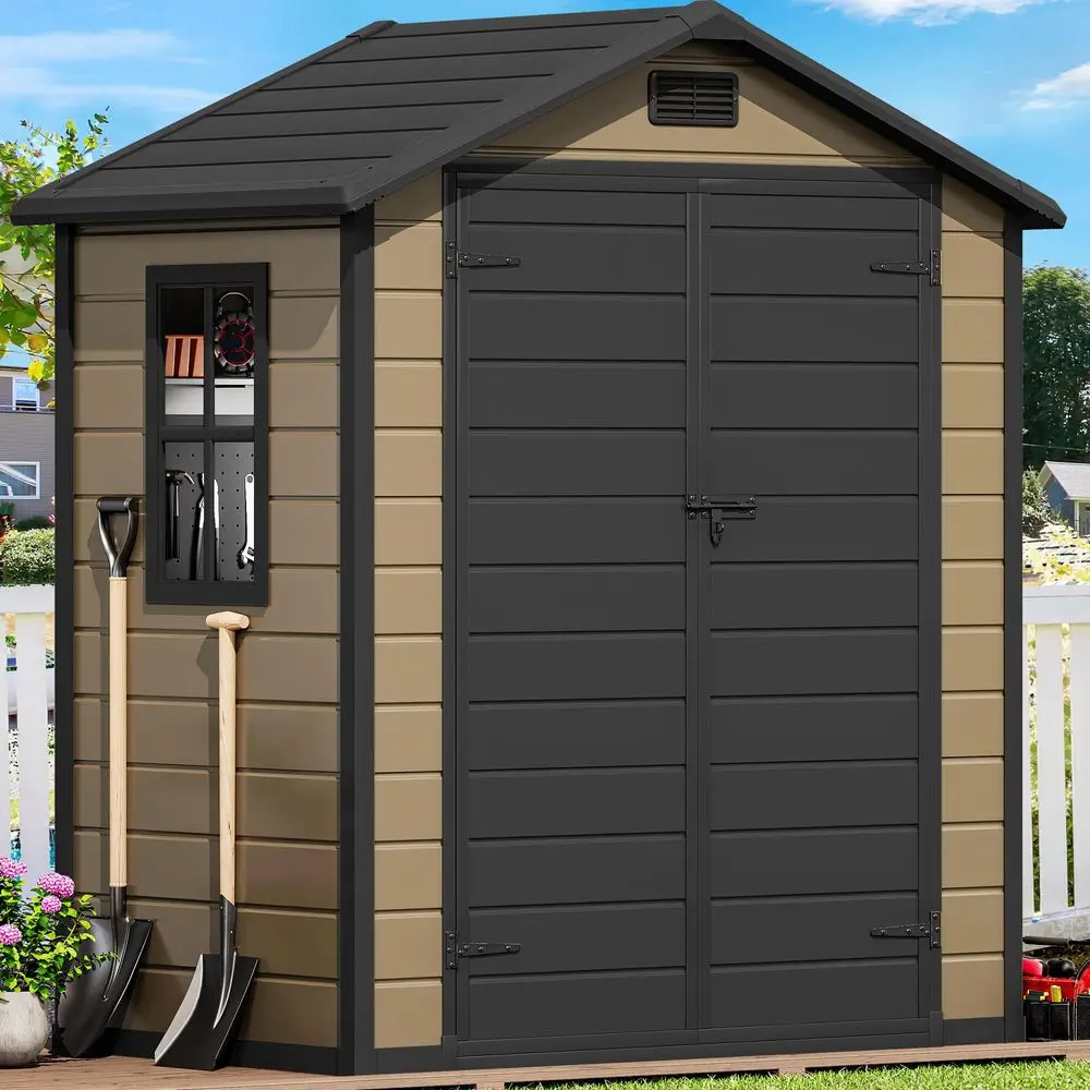

6x4 FT Resin Storage Shed with Floor, Outdoor Storage Shed with Lockable Door, Window and Vents, Waterproof Plastic Tool Storag