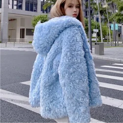 Women Blue Lambswool Hoodies Fluffy Coat Thickened Plush Bomber Fleece Jacket Hooded Imitation Fur Parka Cardiagn Furry Tops