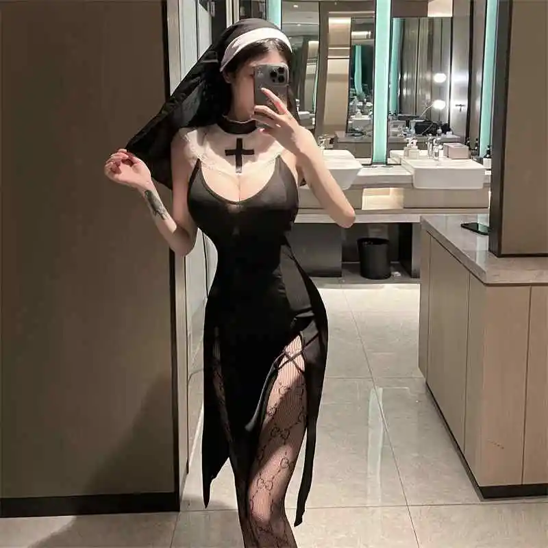 

New Arrival Women's Balck Long Lingerie Dress Adult Lady Erotic Roleplay Sister Babydoll Night Club Fliter Cosplay Nun Costumes