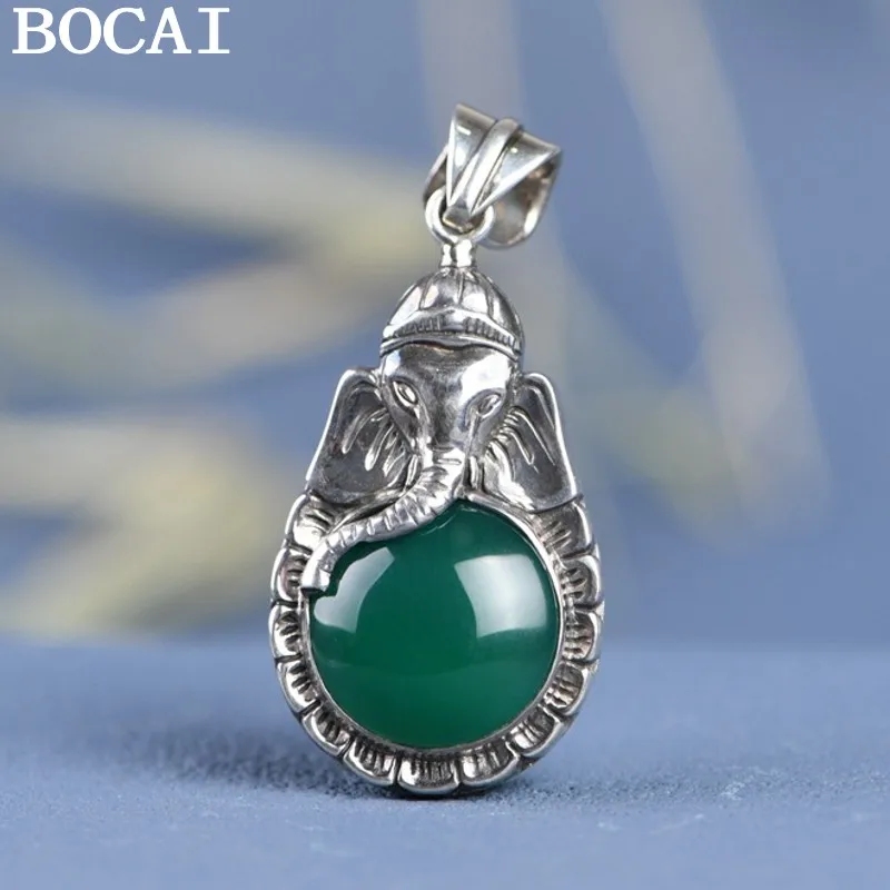 

BOCAI NEW S925 Pure Silver Retro Simple Inlaid With Agate Elephant Pendant