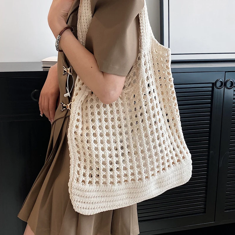 Vintage Hohl Design Gewebt Frauen Schulter Tasche Stricken Große Kapazität Handtaschen Sommer Reise Shopper Tote Für Damen Strand Taschen – Detail 14