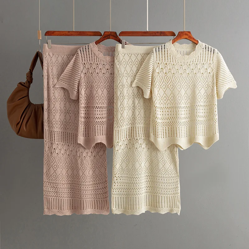 Fashion Suit Women's Summer New Style Solid Color Hollow Short Sleeved Knitted Top+casual Comfortable Skirt Two-piece Set