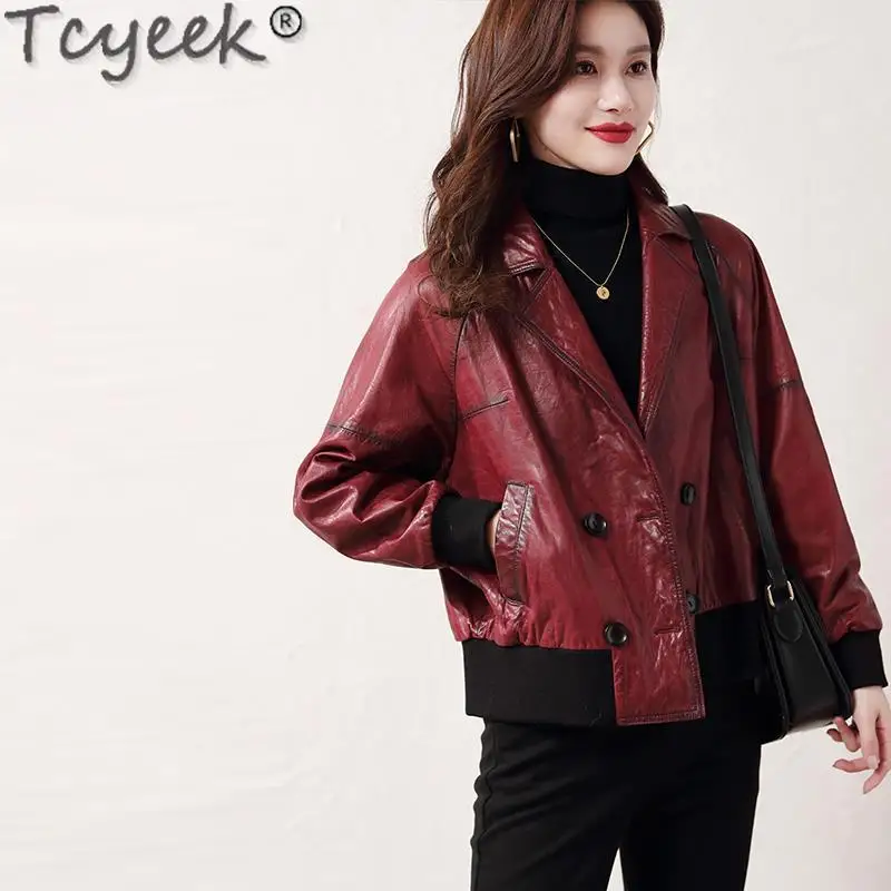 Tcyeek-女性のための本革のジャケット,オイルワックスの牛革のコート,ルーズフィットのジャケット,秋の服,2024