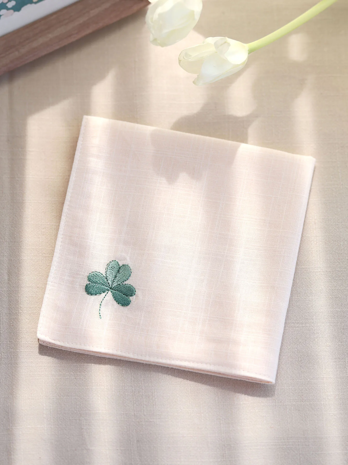 Chinese Style Hanfu Accessory Embroidery Clover Cotton Handkerchief Retro Portable Square Towel For Sweat Wiping Light Pink Turq