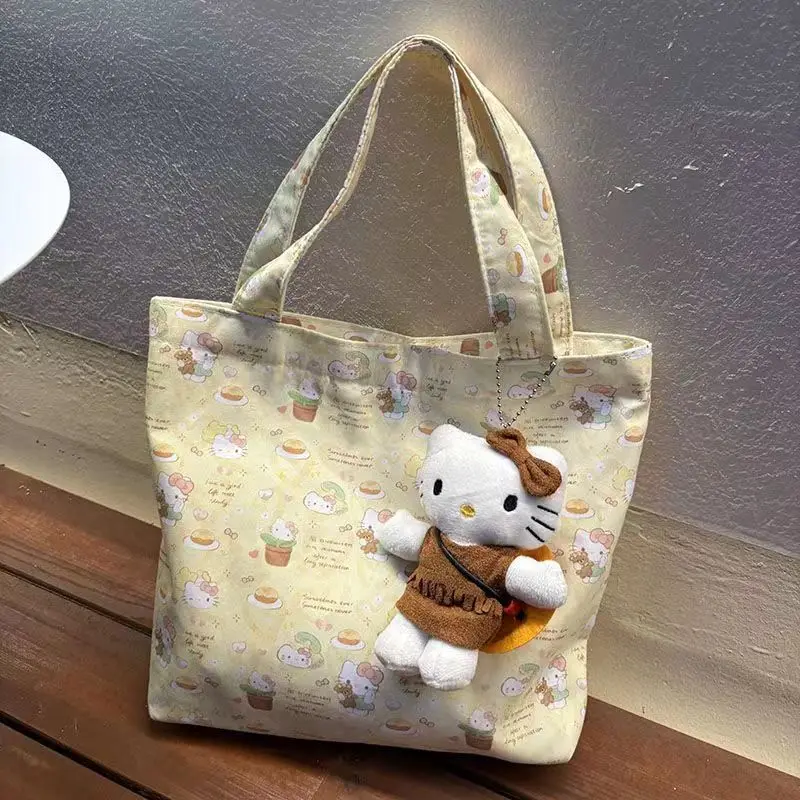 

MINISO New Hello Kitty Y2K Handbag High Appearance Kawaii Anime Canvas Bag Tote Bag Large Capacity Bag Niche Versatile Bento Bag