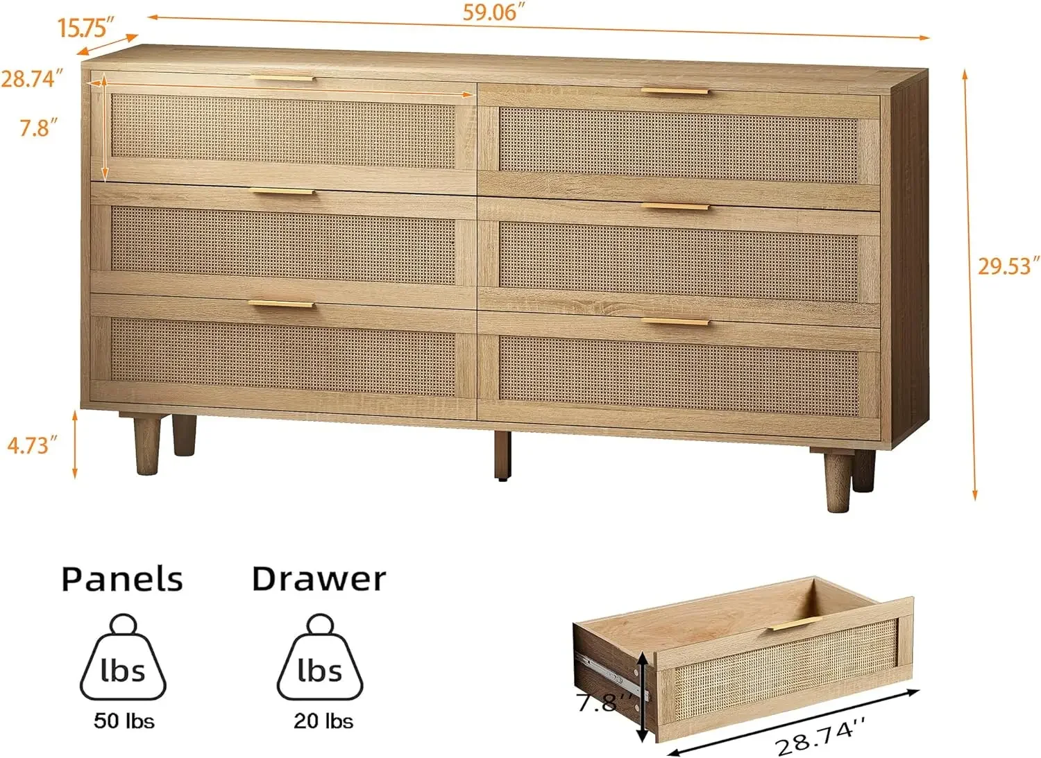 MELChest-Commode double pour chambre à coucher, commode moderne en rotin naturel, armoire de rangement en bois avec foy doré, 6