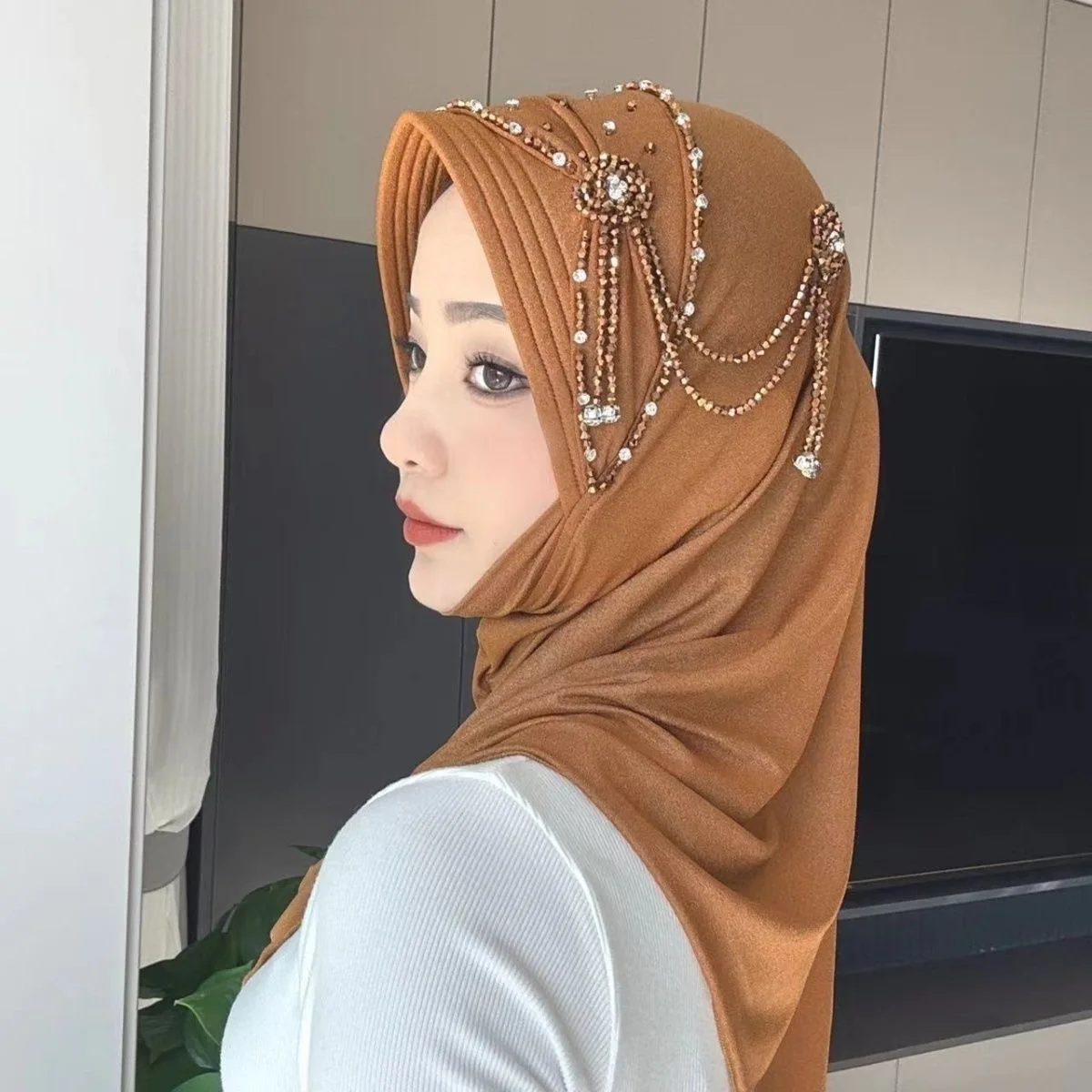 Ready To Wear Muslim Wraps Shawls Tassels Rhinestone Soft Hat Hijab