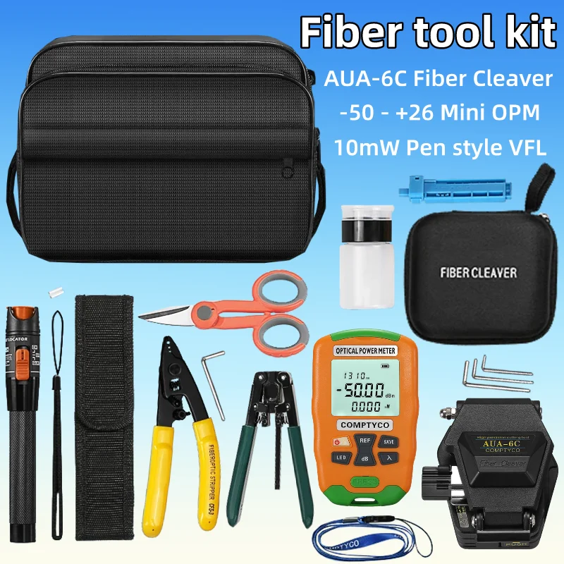 

FTTH Fiber Optic Tool Kit With AUA-6C Fiber Cleaver -50-+26 Optical Power Meter Tester 10mw Visual Fault Locator Fiber Stripper