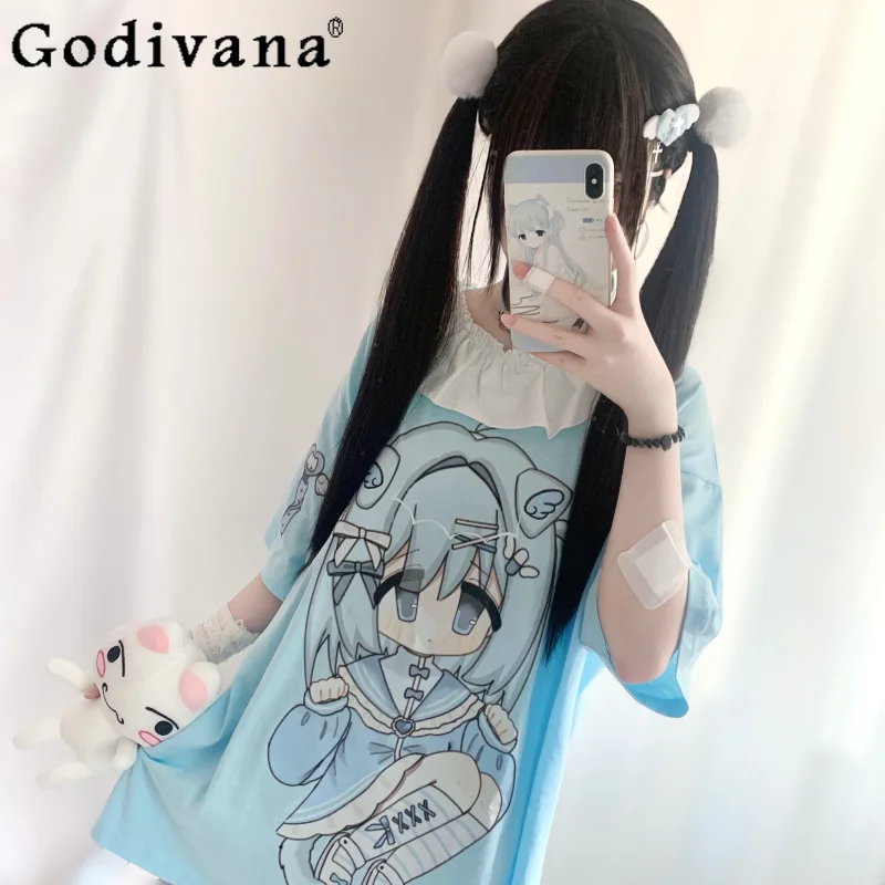 

2024 Japanese Original Anime Ruffles Collar Cotton T-Shirts Summer Mine Mass-Produced 2D Y2k Tees Women Loose Mid-Length Tops