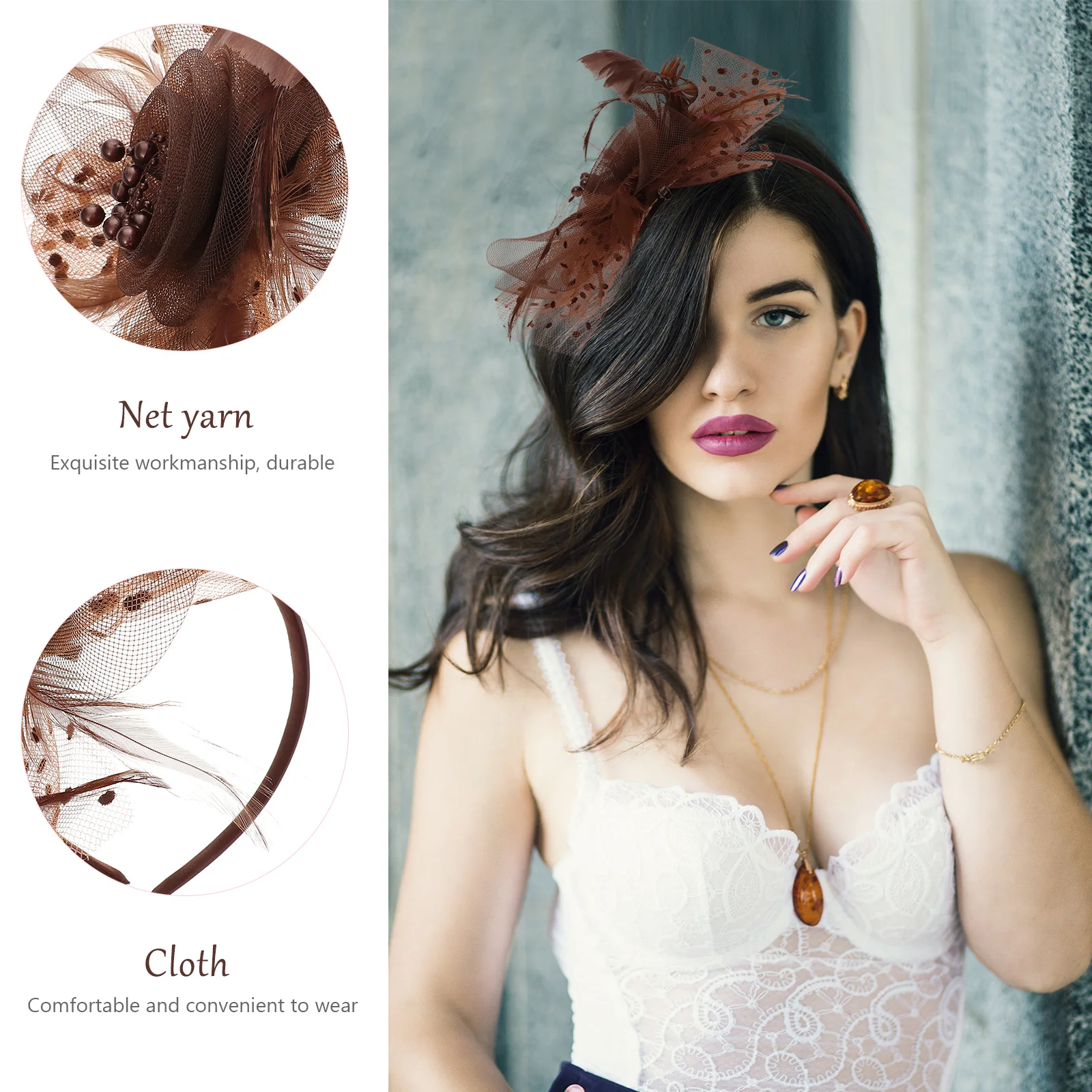 

Elegant Vintage Hair Accessories Retro Plume Bead Net Yarn Flower Headband for Bride Girls Wedding Party Decor