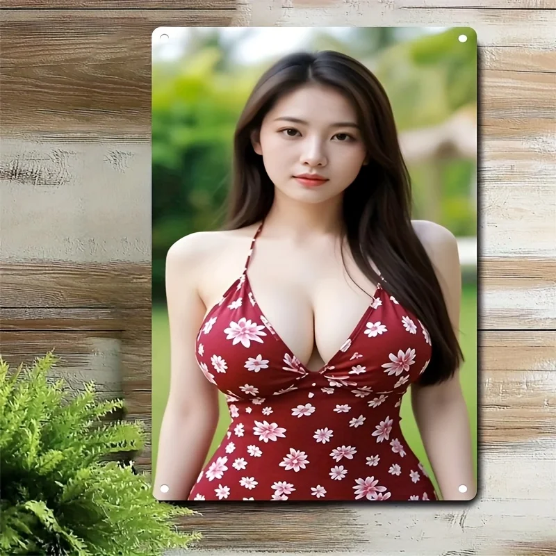 Metal Wall Art Sign 2D Floral Swimsuit Decor, Elegant Red Iron Painting, Waterproof Beach Theme for Home Bar Cafe, Holiday Gi