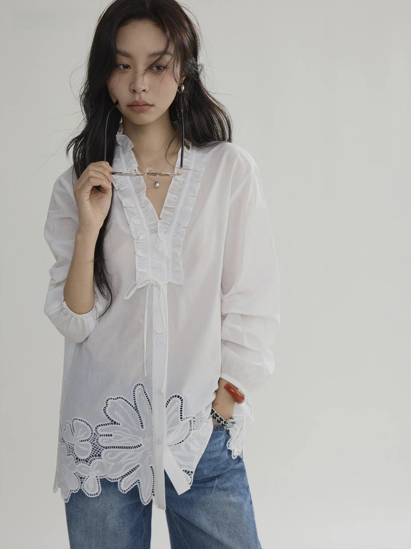

Joli Choose Women's Loose Fit White Shirt Embroidered Hollow out Design Cufflinks French Style Cotton Long Sleeve Breathable