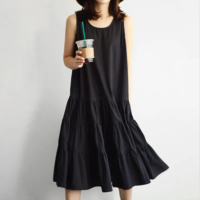 

Summer new fashion sleeveless tank dress cotton linen solid casual O-Neck A-Line long dress 2024 ruffles streetwear robe vestido