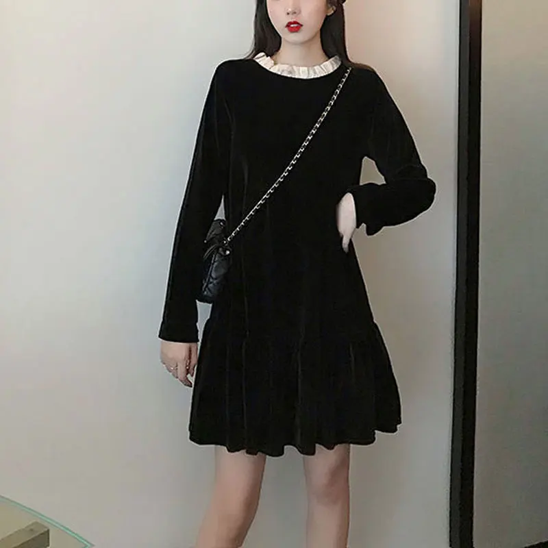2025 Autumn Winter Vintage Velvet Dresses French Style Spliced Women\'s Clothing Fashion Drawstring Basic A-Line Loose Midi Dress