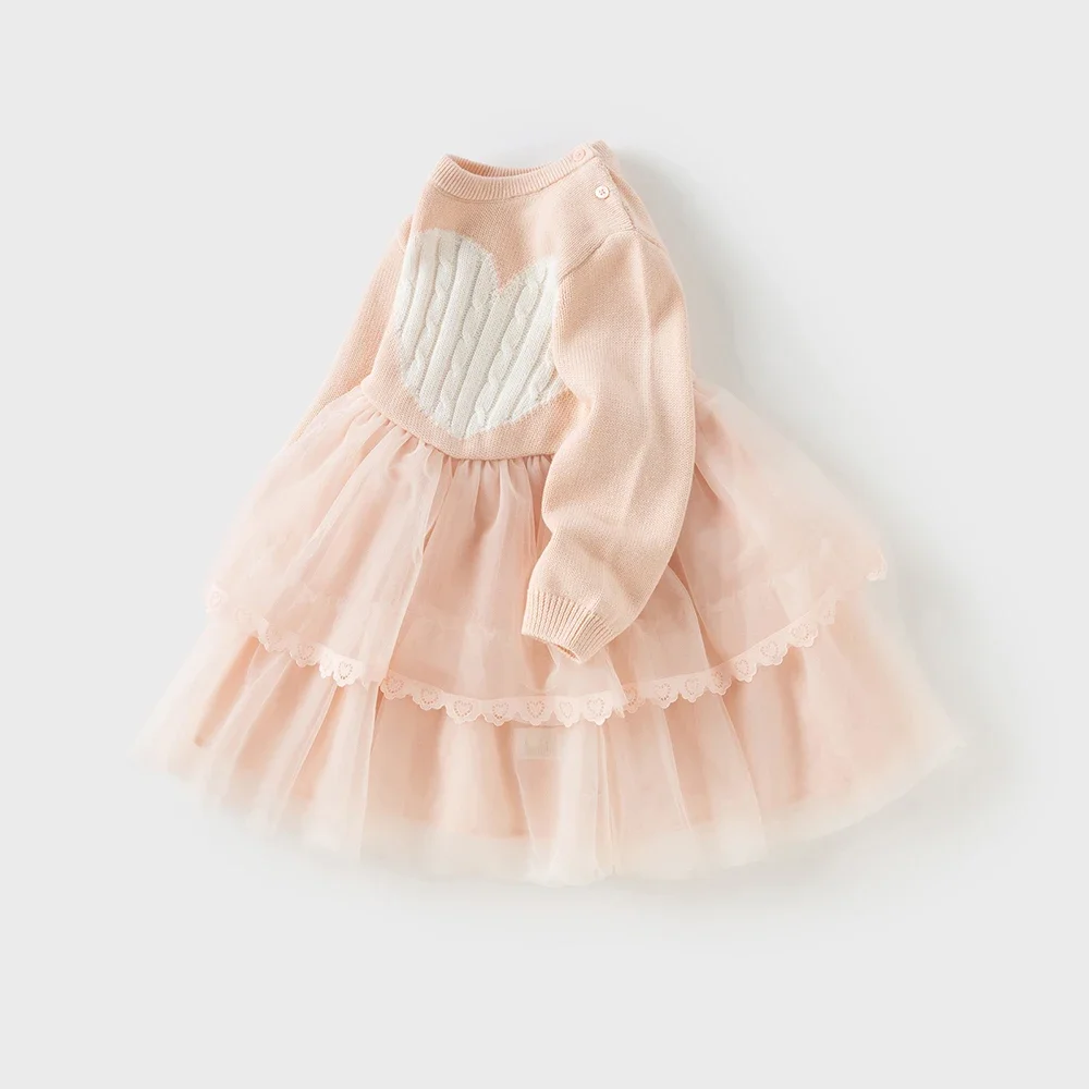 Dave Bella Girls Baby Princess Sweater Dress Love Print Children's Long Sleeve Sweet Cute Pink Mesh Dress Gentle Party DB3253530