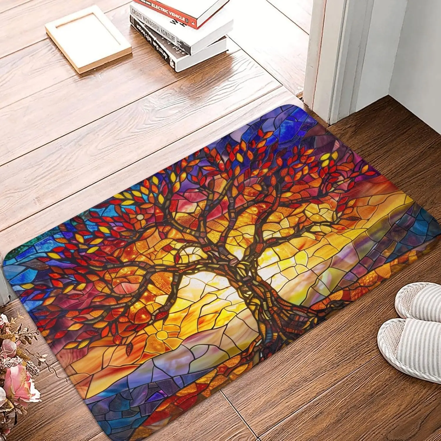 

Витражный коврик для внутренней двери «Древо жизни», напольный коврик с изображением заката природы для прихожей, нескользящий коврик для улицы, дома, кухни