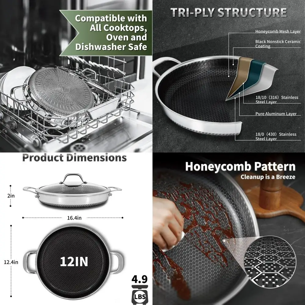 

12-дюймовая многофункциональная сковорода для паэли из нержавеющей стали с крышкой и двумя ручками, можно мыть в посудомоечной машине и в духовке