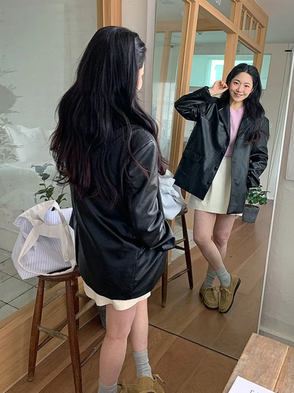 Bla Leather Jaet Women's Korean Sle Winter Faion Retro Suit Outerwear High-End Loose Versatile Top PU Material Long S...