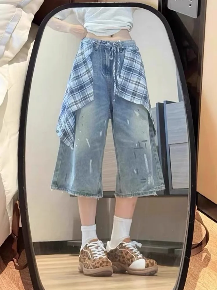 Retro Splashed Ink Denim Shorts Women's Loose Slim Straight Wide Leg Seven-Foot Pants Casual High Waist Jeans Four Seasons