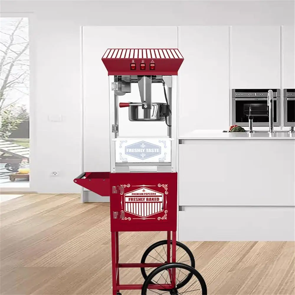 Máquina de palomitas de maíz comercial con carrito, agitador automático, fabricante de palomitas de maíz para cine, 800W, alta calidad, duradero, para fiestas y eventos