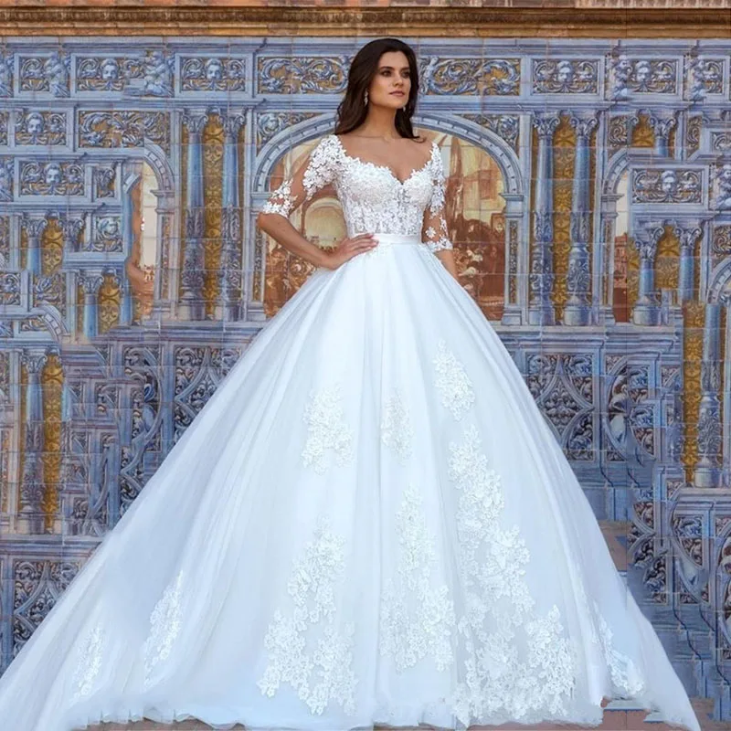 Customizable Simple Vintage Sweetheart Lace Applique Half Sleeve A-Line Floor Length Bridal Wedding Dress
