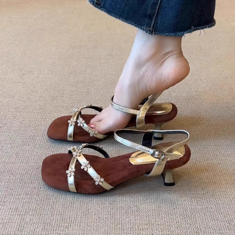 

Designer Women's Shoes Exquisite Genuine Leather High Heeled Sandals for Woman Fashion Rhinestone Casual Shoes Sandalias Mujer
