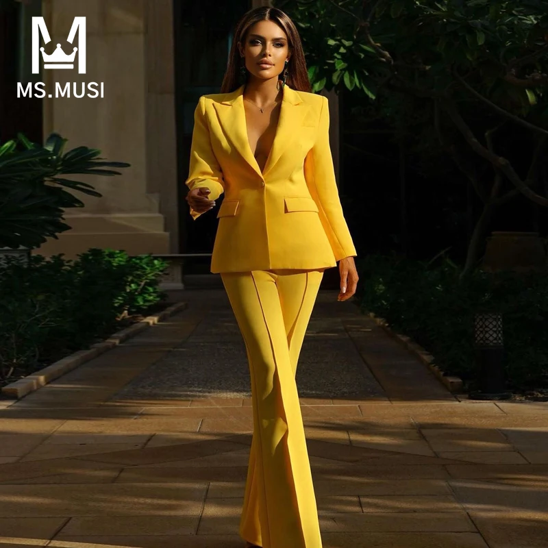 

MSMUSI 2023 New Fashion Women Sexy Solid Two Piece Set Bodycon Turn Down Collar Long Sleeve Blazer Top Flared Long Pant Set Suit