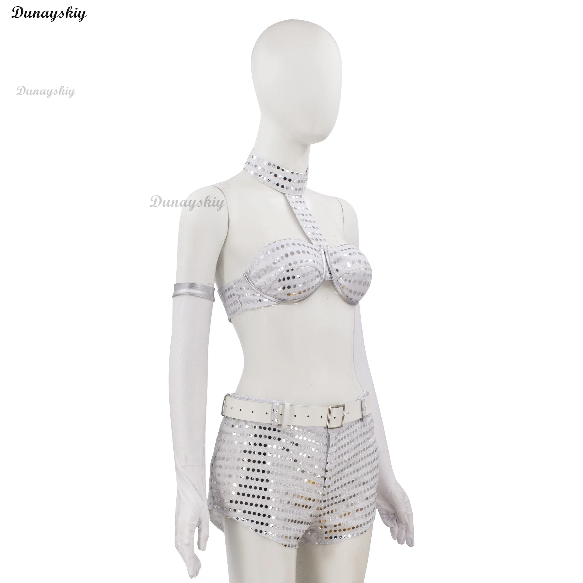 Movie Austin Powers Cosplay Woman Robot Costume Sexy Sliver Top Bra Shorts Suit Stage Performance Outfit Halloween Customized