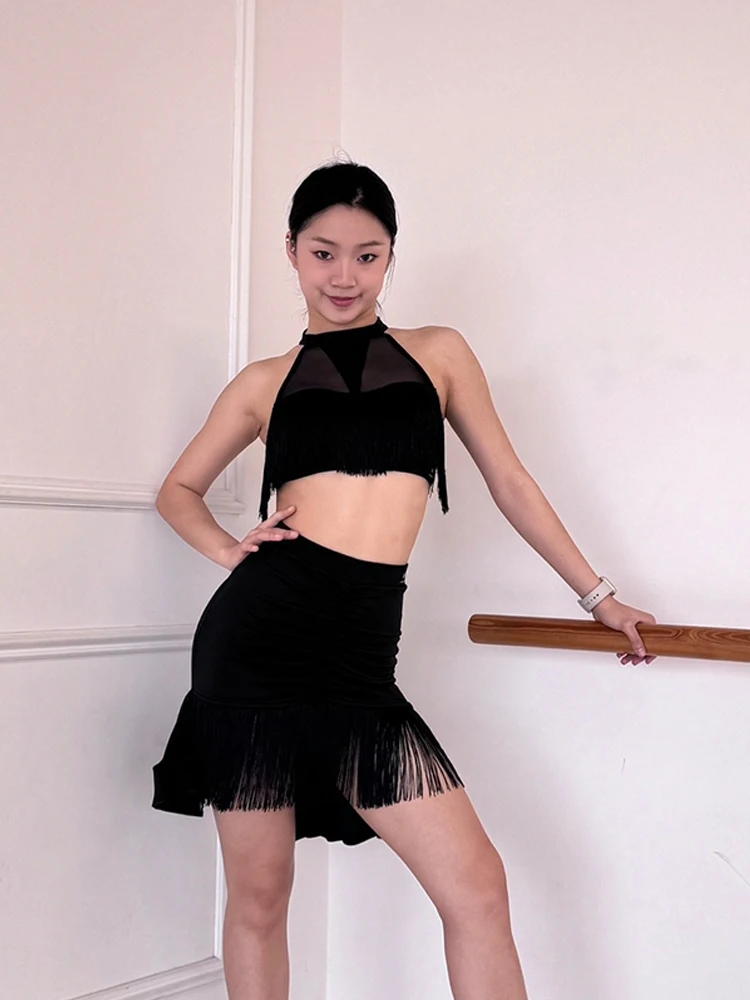 Robe de danse latine pour femmes, haut à col suspendu avec jupe à franges, costume d'entraînement pour adultes, Chacha Rumba Tango, vêtements latins, 2025 DQS19815
