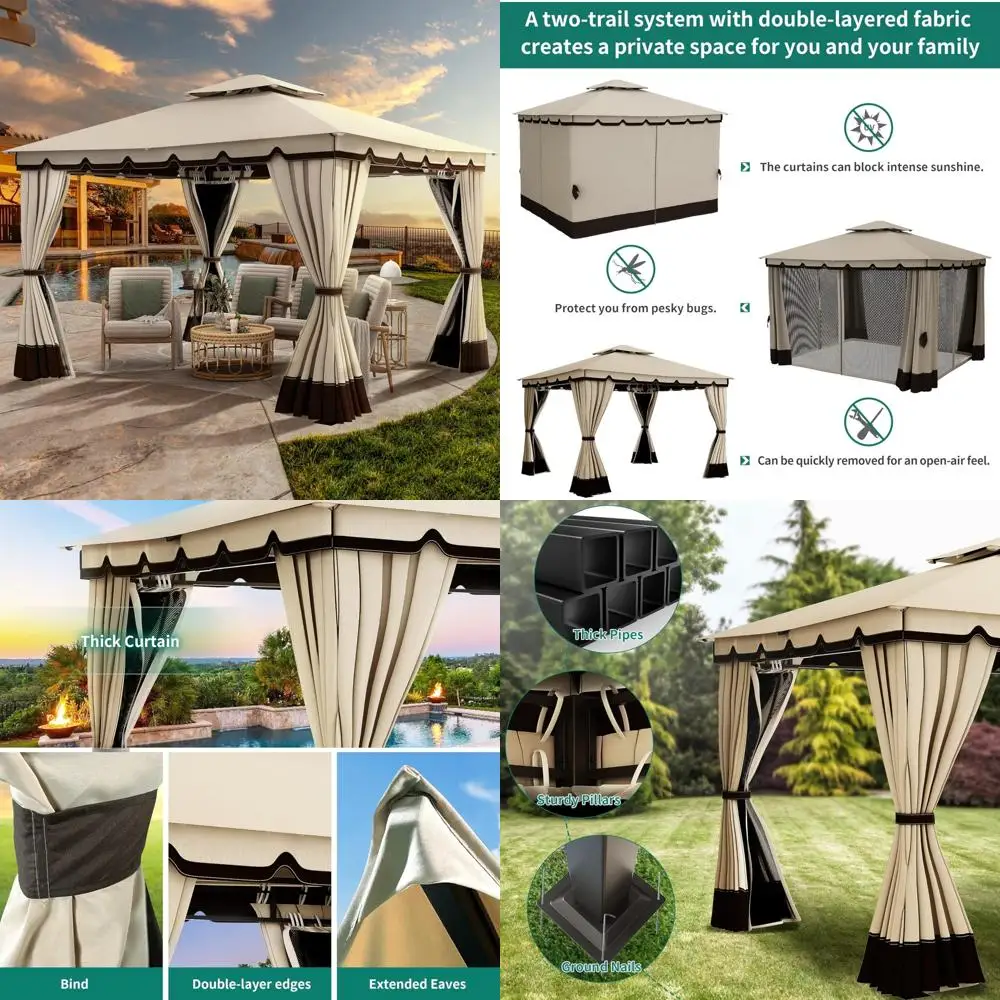 

10x12ft Patio Gazebo Outdoor Double Roof Canopy Gazebo w/Netting & Curtains, Soft Fabric Top Garden Winds Tent with Steel Frame