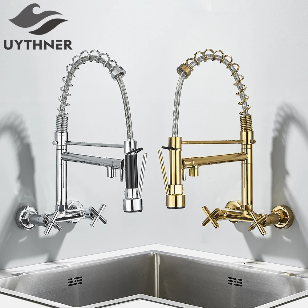 

Gold Black Kitchen Faucet Wall Mount Pull Down Tap Vessel Sink Hot Cold Water Mixer Tap Spring Dual Swivel Spouts Sink Crane