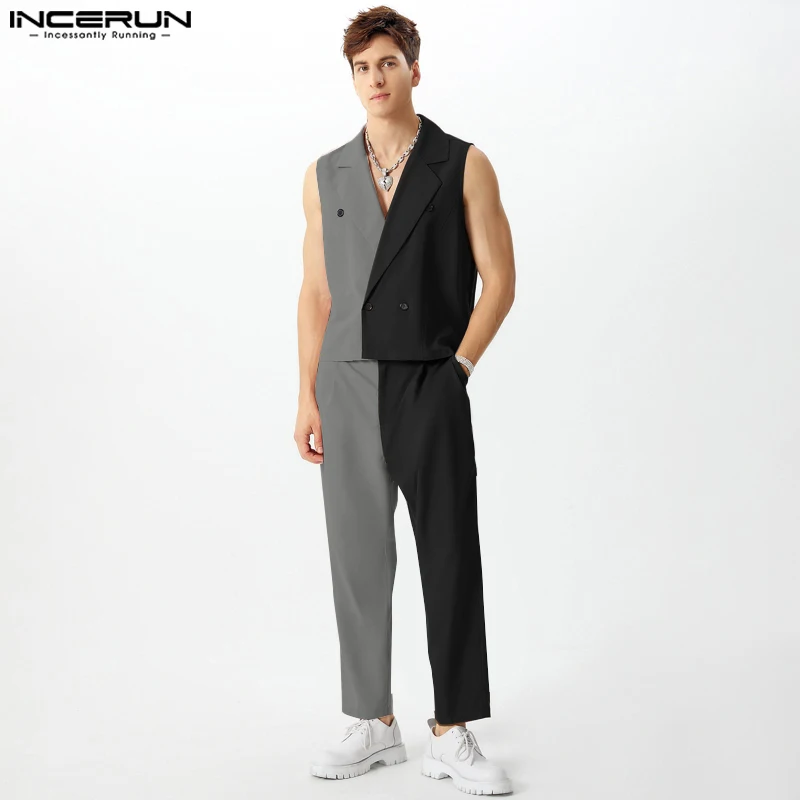 INCERUN 2024 American Style Fashion Sets Handsome Men Splicing Color Contrast Vests Pants Casual Personality Male Two Piece Sets