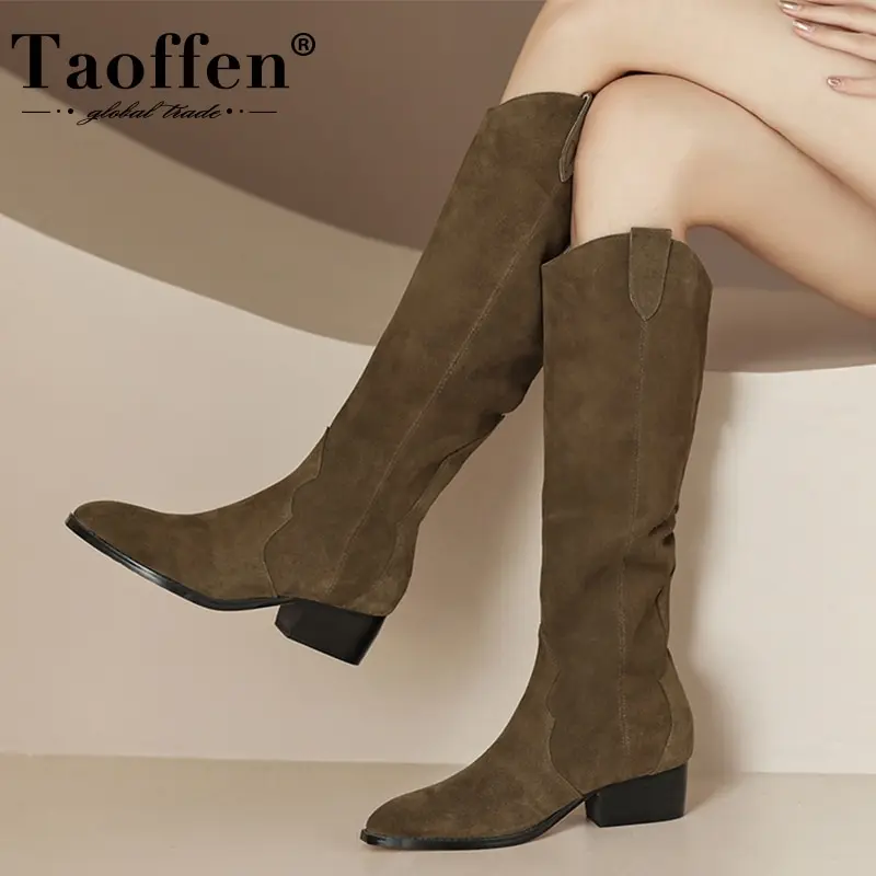 Taoffen Big Size 33-40 Women Long Boots Genuine Leather Ins Woman Shoes Winter Fashion Knee Boots Club Ladies Footwear