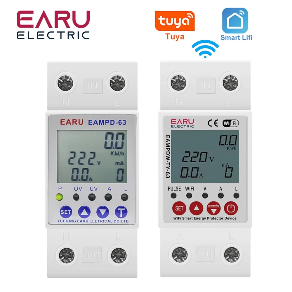 TUYA APP WiFi Smart Breaker Circuit 2P 63A perdita di terra protezione da sovratensione interruttore relè di corrente regolabile misuratore di kWh