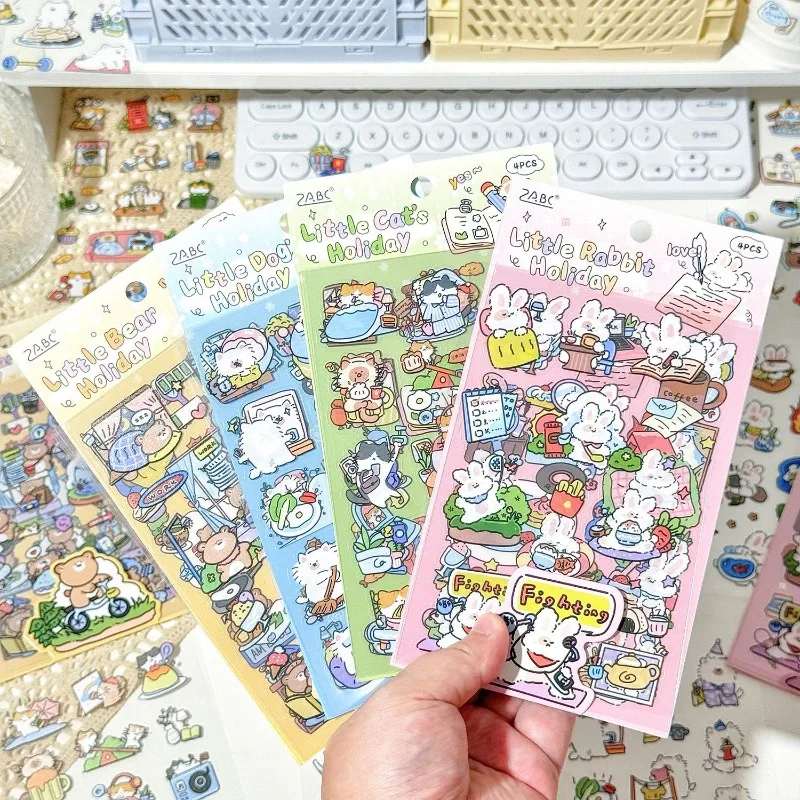 4Pcs Cartoon Pet Sticker Set Cute Bunny Hamster Patterns Self-Adhesive for Journal Notebook Scrapbook DIY Decor