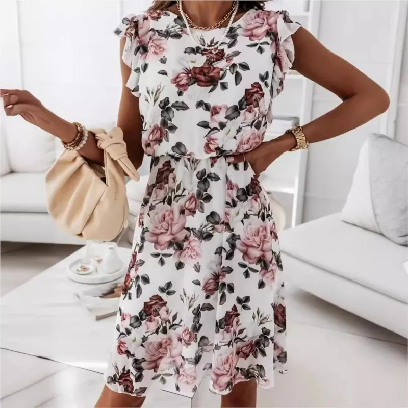 Sommerferien Chiffon Kleid für Frauen 2024 lässig elegant ärmellose O-Ausschnitt Korsett Rose Print Boho Kleid