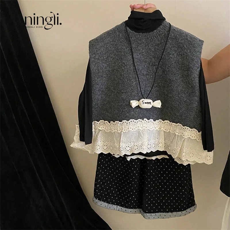 

NL-Girls' Suit Lace Lace Vest Solid Color Bottoming Shirt Fashionable Polka Dot Wide Leg Pants Children's Fashion