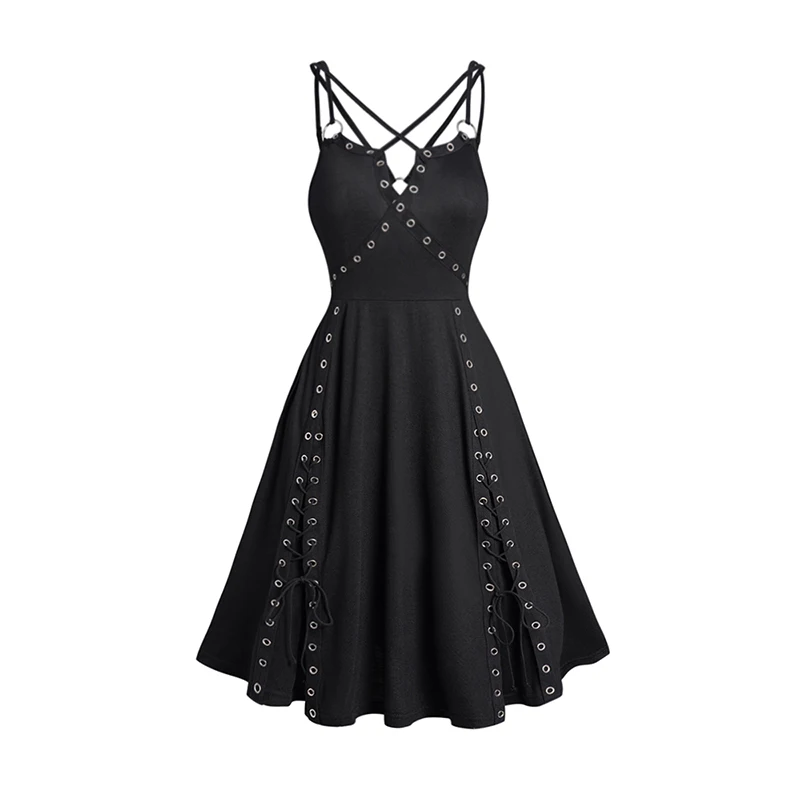 

Gothic Dress Grommet Plain Color Empire Waist V Notched Crisscross A Line Mini Dress Black Dresses 2024 New