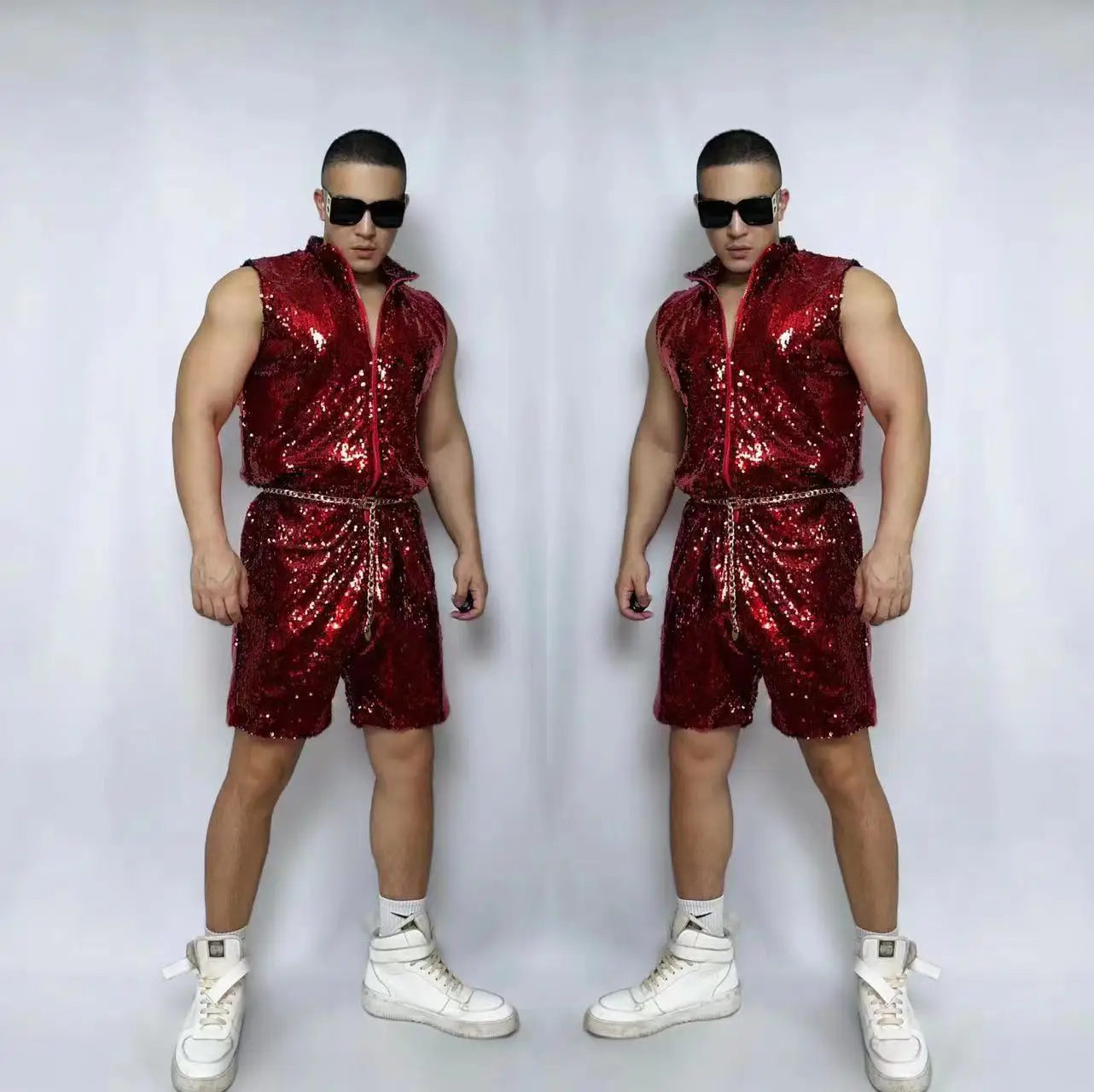 

New Red Glitter Sequins Jumpsuit Hip Hop Street Dance Costume Nightclub Male Singer Dancer Bar Show Shiny Stage Wear
