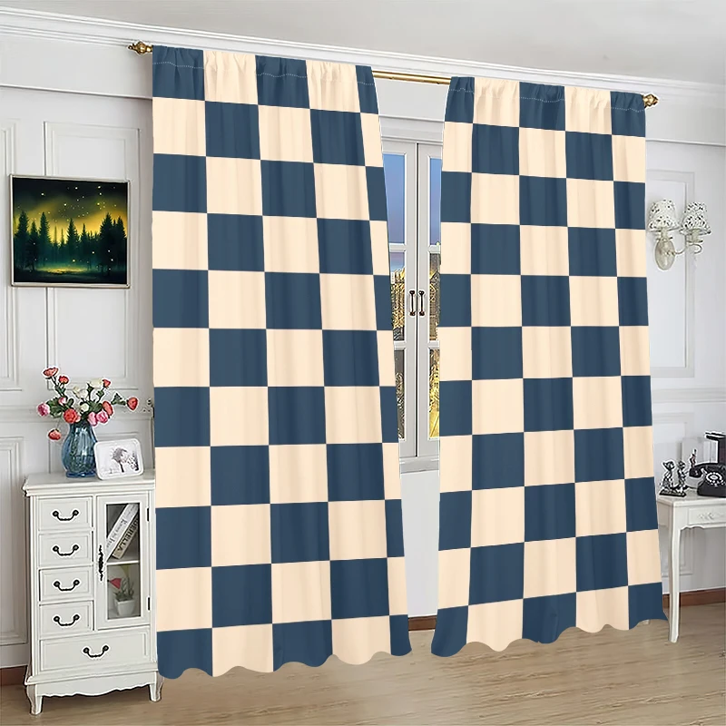 Two-tone check -2 pieces - printed curtain, 100% polyester, suitable for home decor