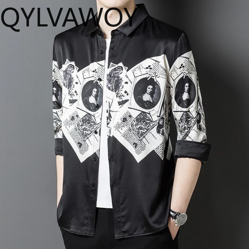 QYLVAWOY 92.4% Mulberry Silk Men's Shirts Long Sleeves Lapel Shirt Spring Autumn Tops High-end Stylish Menswear Clothing Casual