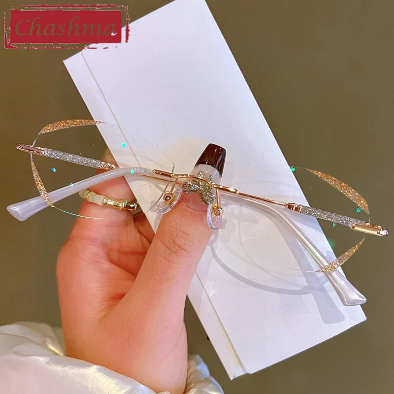 

Women Eyeglass Glitter Lenses Pure Titanium Colored Prescription Glass Frame Rimless Optical Light Weight Sunglasses