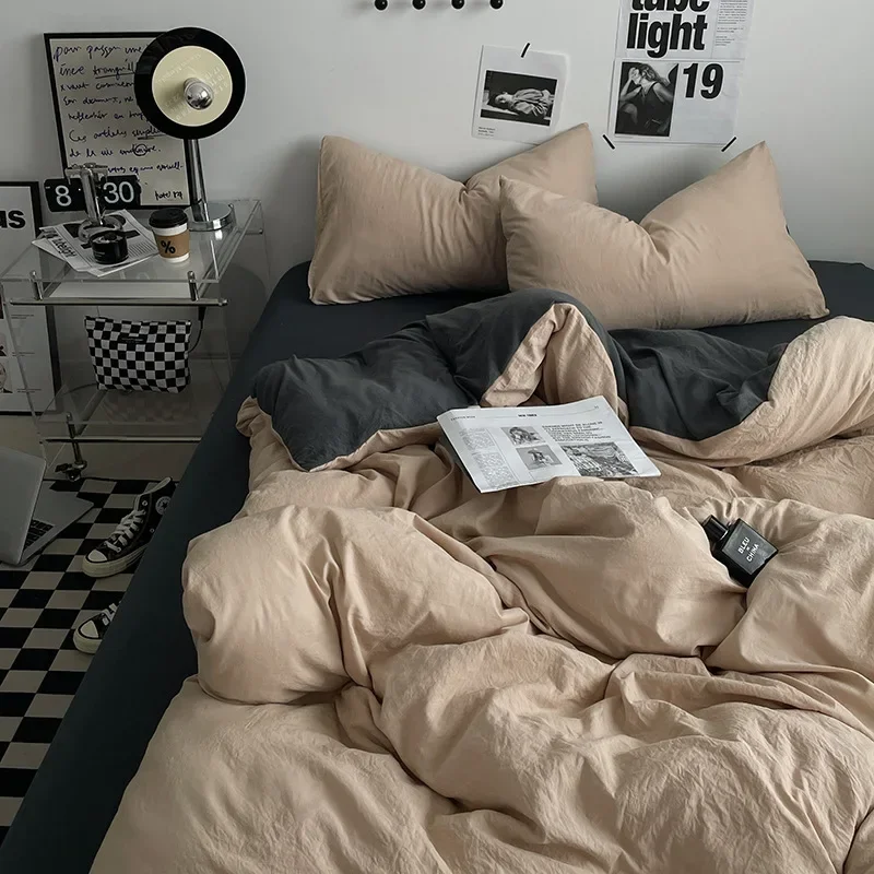 

3-4Pcs Double Color Cotton Fabric Bedding Solid Soft Smooth Bed Sheet Comforter Sets with Fixed Rope Same Color Pillowcase